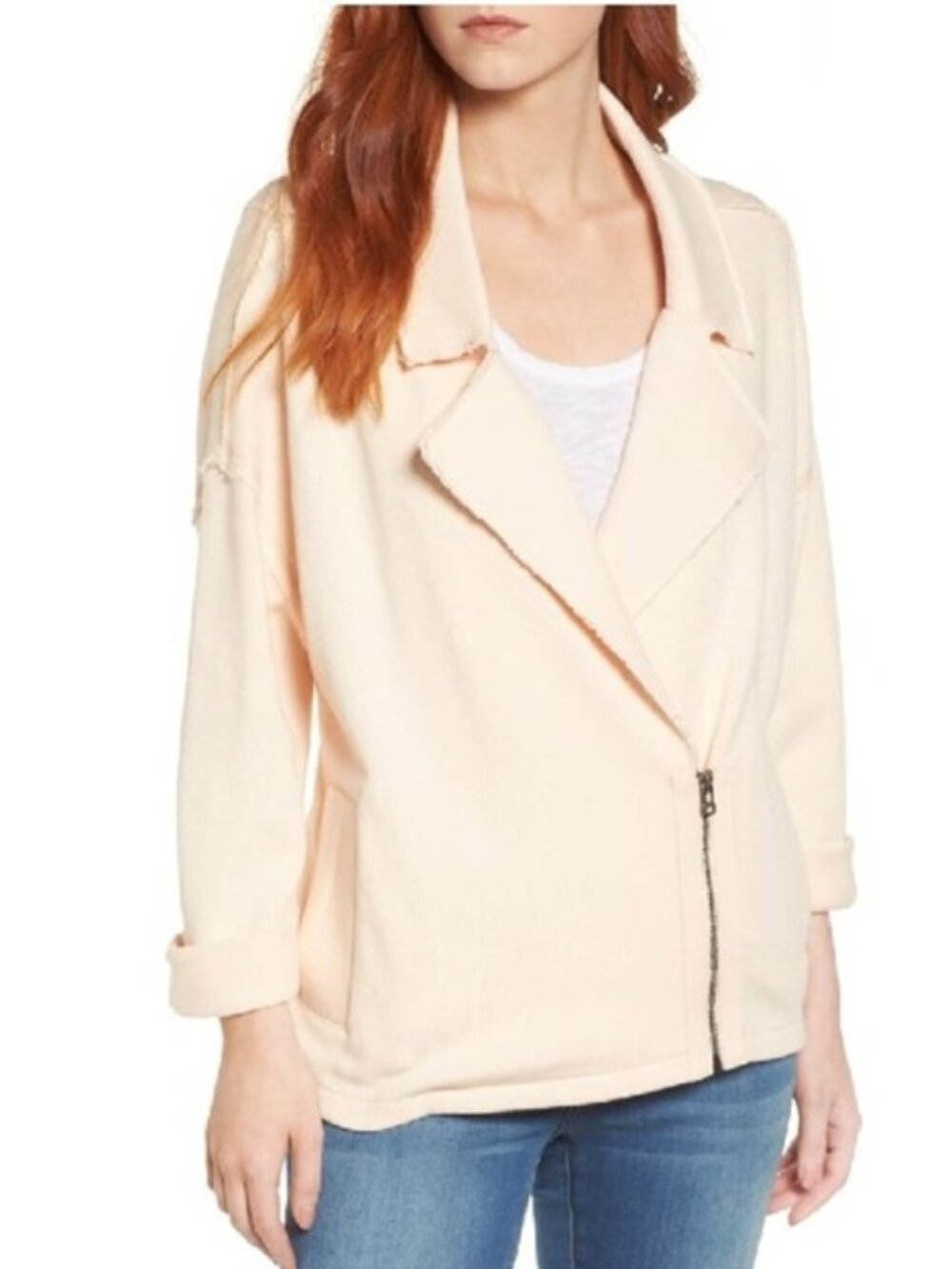 Caslon Nordstrom Cotton Knit Moto Jacket Front Zip Beige Linen Size XL NEW